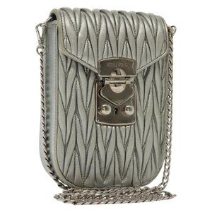 Authentic Miu Miu Matelasse Chain Shoulder Bag Leather Silver